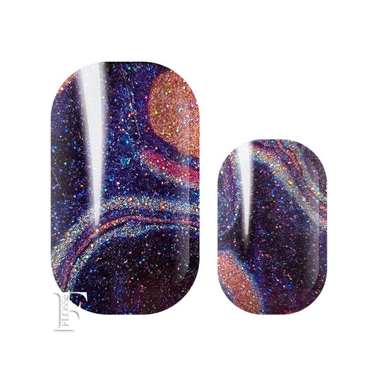 groovy baby nail wraps in purple pearl glitter with silver, blue and dusty pink swirls