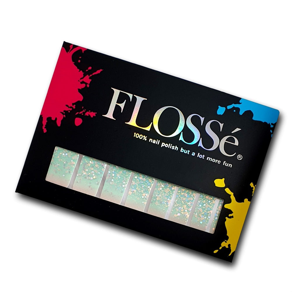 FLOSSé  nail wraps Mint Pixie in outer packaging.