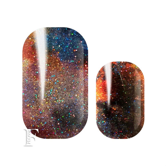 Armageddon flosse nail wraps nz. Dark and moody pearl glitter wraps with bright smudges of colour. Blacks, blues, reds, oranges, silver. 