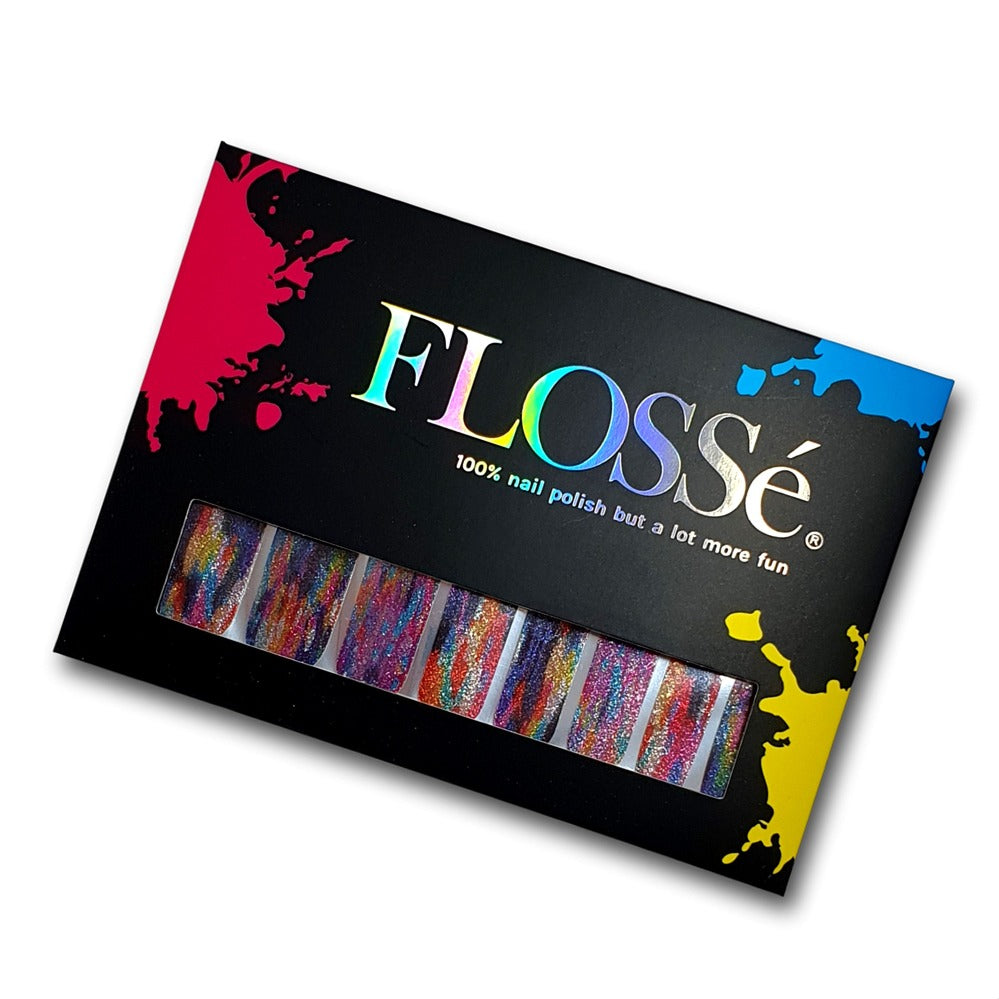 set of 16 multi sized FLOSSé nail wraps in Colour Run style shown in outer packaging.